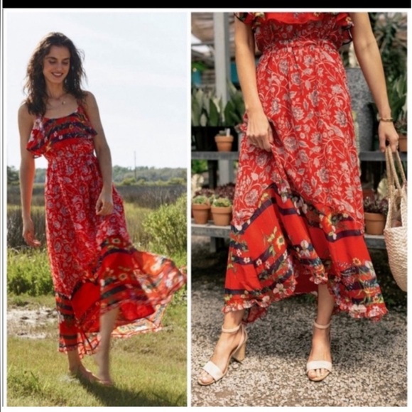Anthropologie One September Size XS Zuri Maxi Red Floral Dress Handkerchief Hem - Picture 1 of 9